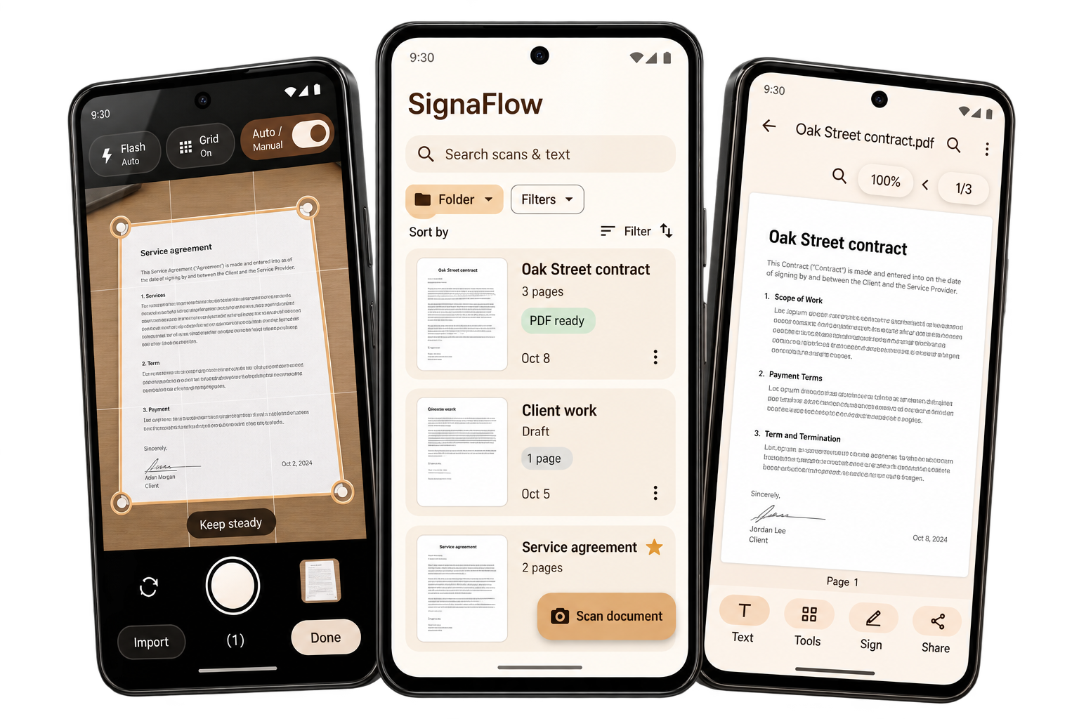 SignaFlow app design shown on three Android phones: document scanning, a library of PDFs and the PDF viewer