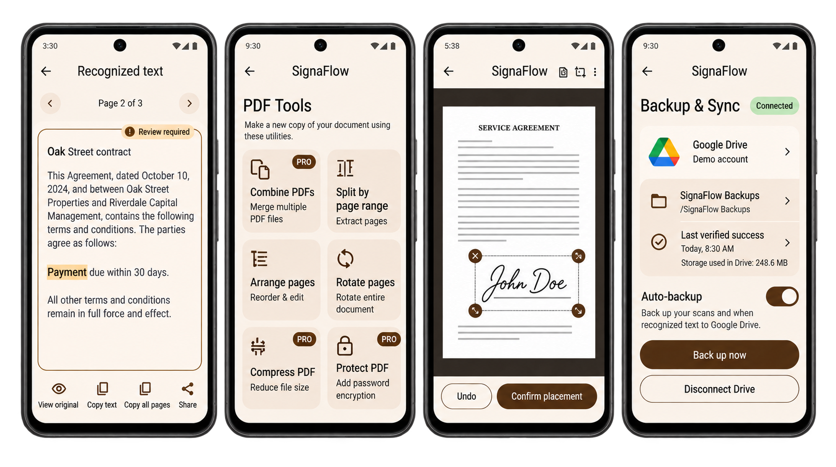 SignaFlow design previews of recognized-text review, PDF tools, planned signature placement and Google Drive backup